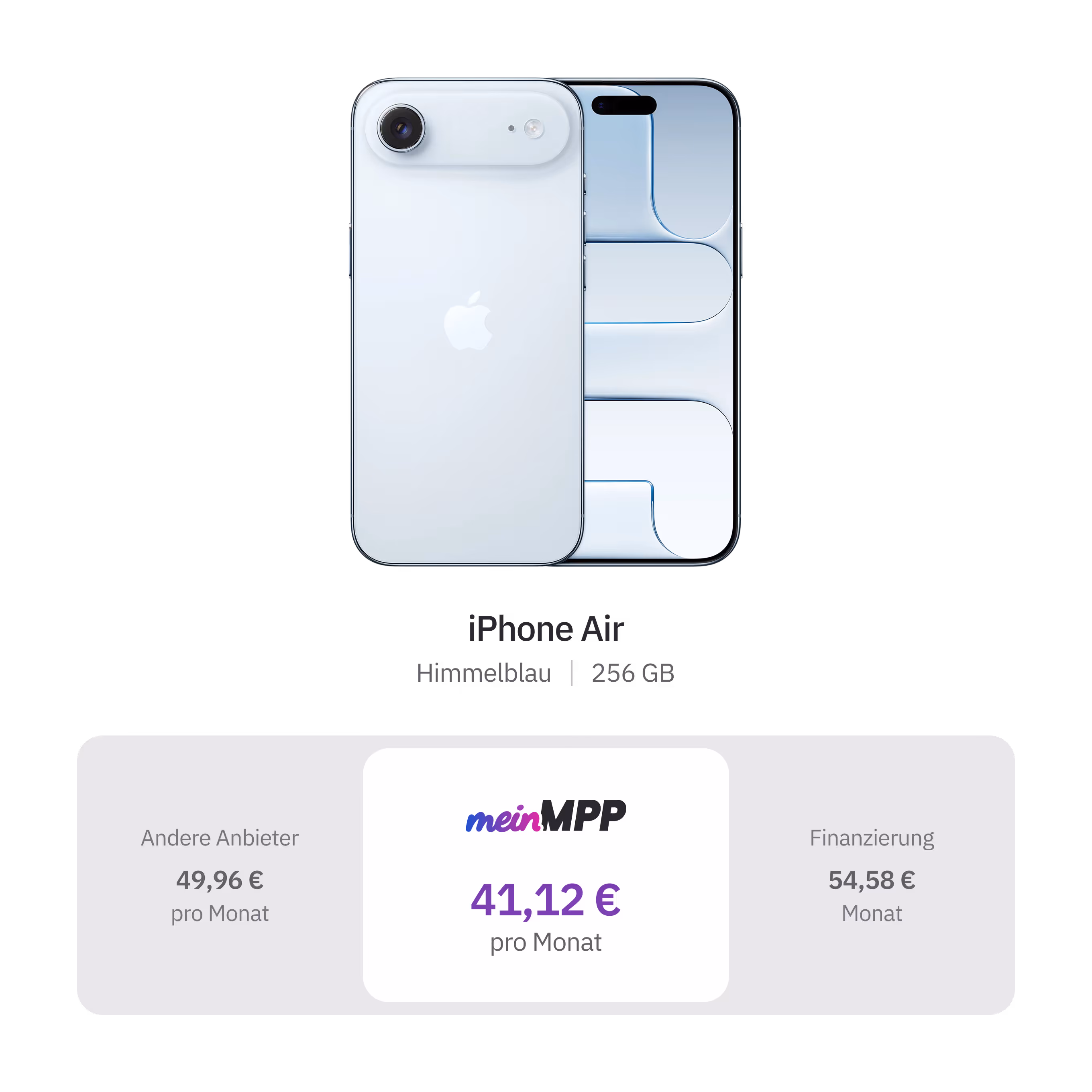 iPhone Air in Himmelblau with 256 GB shown with monthly prices: Other providers 49,96 €, meinMPP 41,12 €, Financing 54,58 €.