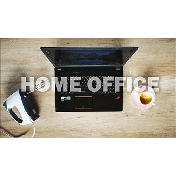 Text: Home Office | Grafik: Laptop, Kaffeetasse und ein Mixer